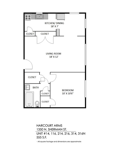 A floor plan of a home with a kitchen, living room, and bedroom.